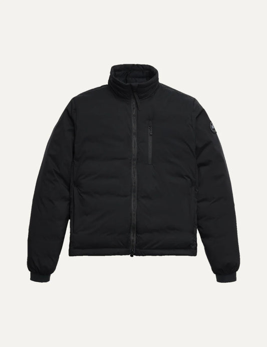 Canada Goose men's Lodge Jacket in black with down insulation, stand collar, two-way zipper, zippered pockets and logo patch.