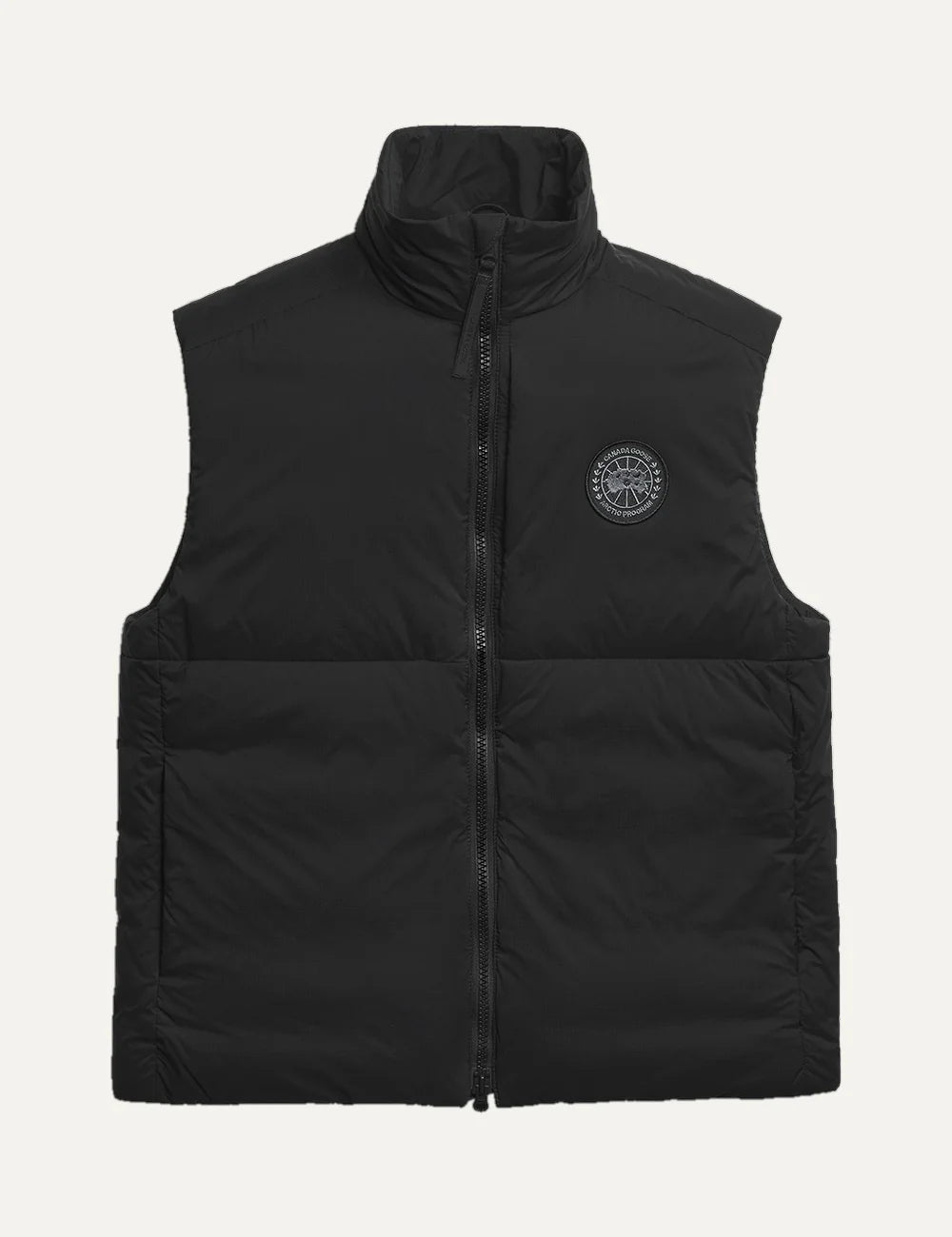Canada Goose men's Lodge Vest black lightweight water-repellent and wind-resistant puffer vest with high collar, two-way zipper and logo patch
