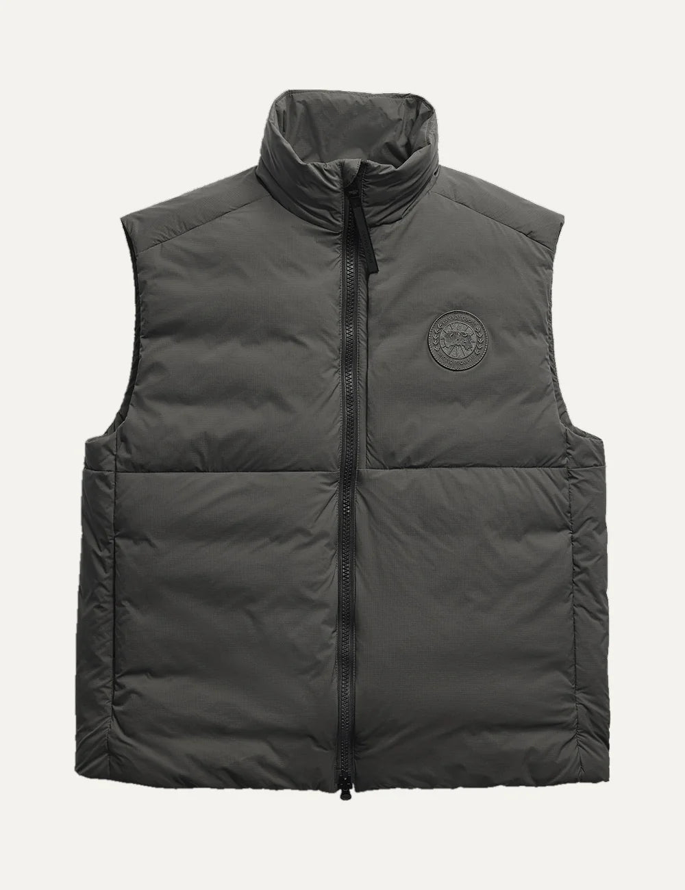 Canada Goose men's Lodge Vest dark grey quilted down vest with high collar, two-way zipper and packable design