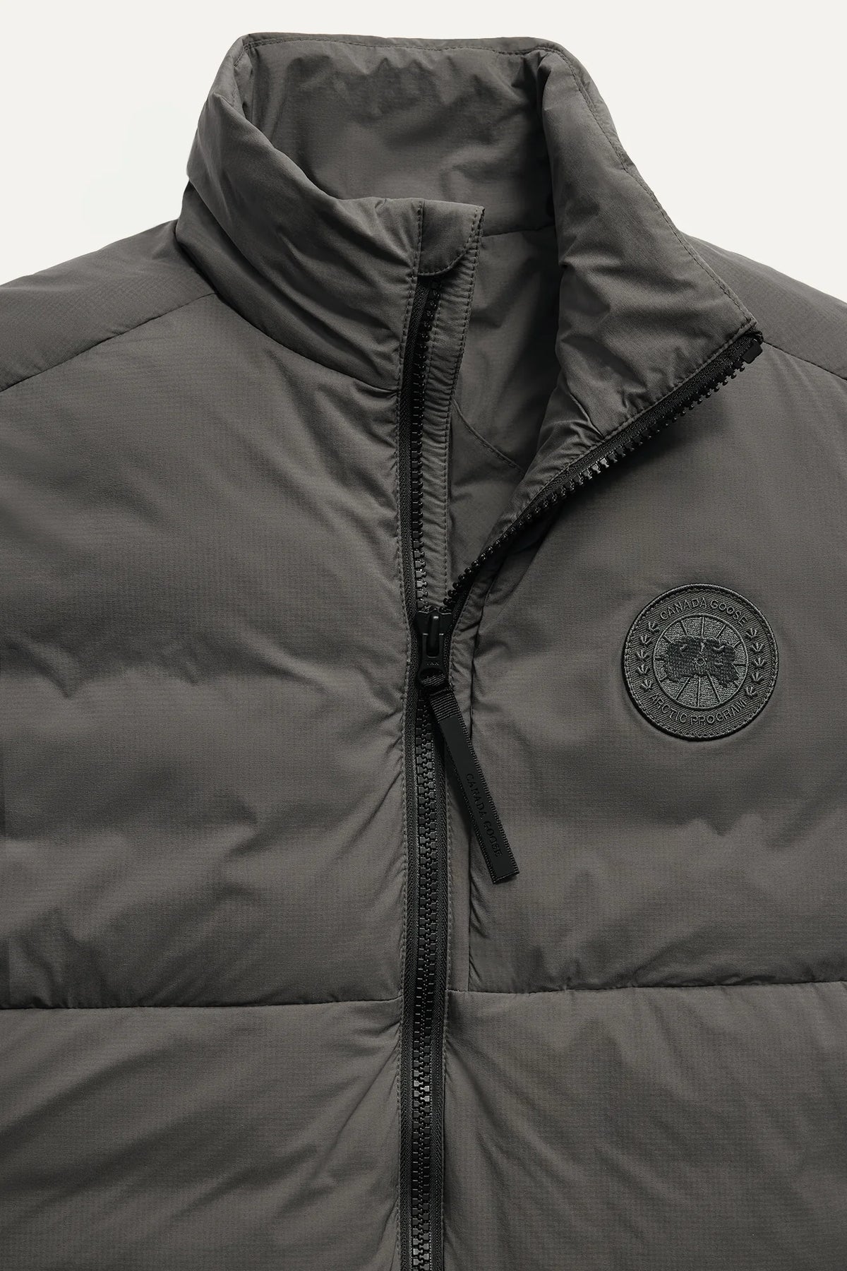 Canada Goose men's Lodge Vest dark grey quilted down vest with high collar, two-way zipper and packable design detail