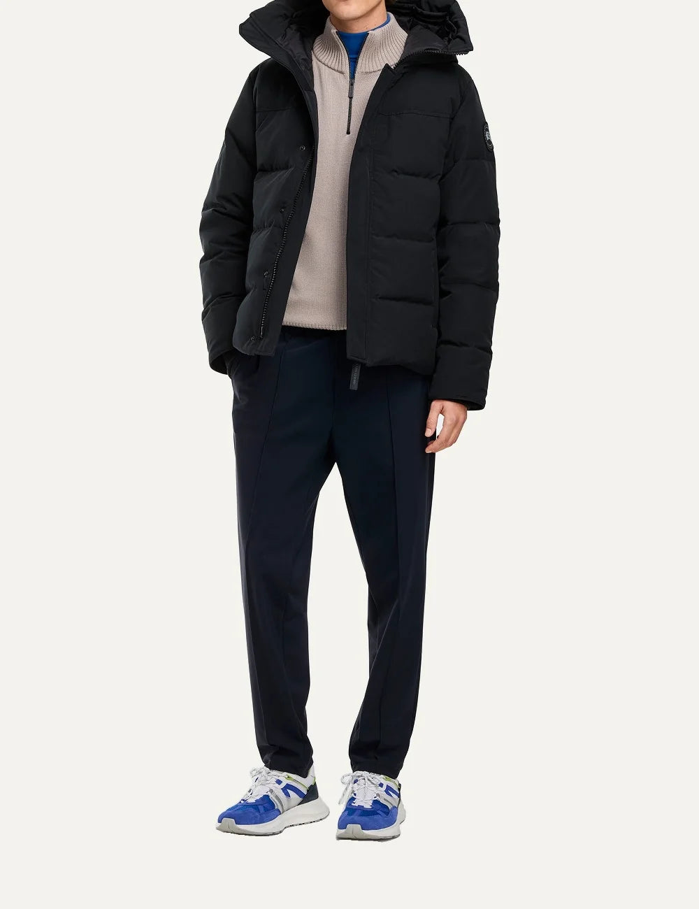 Canada Goose men's MacMillan Parka black down-filled quilted jacket with adjustable hood, two-way zipper, fleece-lined pockets and logo patch full body