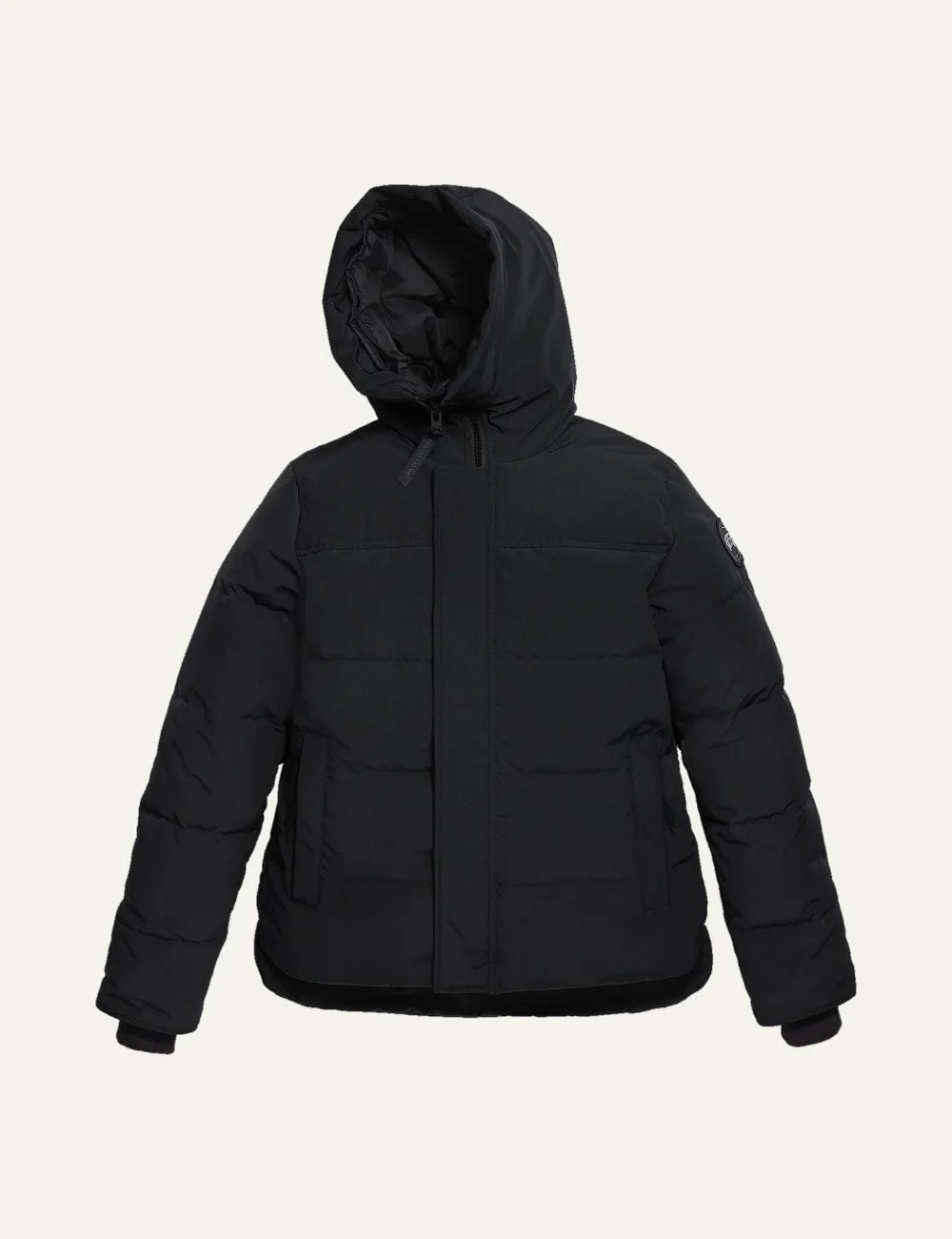 Canada Goose men's MacMillan Parka black down-filled quilted jacket with adjustable hood, two-way zipper, fleece-lined pockets and logo patch