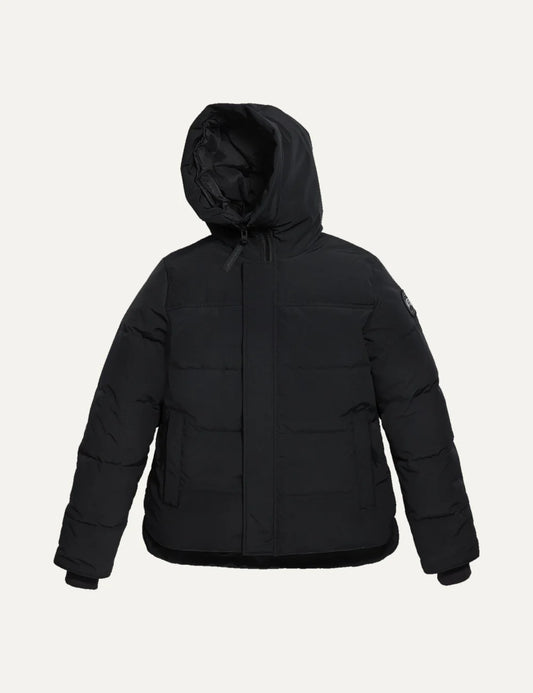 Canada Goose men's MacMillan Parka black down-filled quilted jacket with adjustable hood, two-way zipper, fleece-lined pockets and logo patch