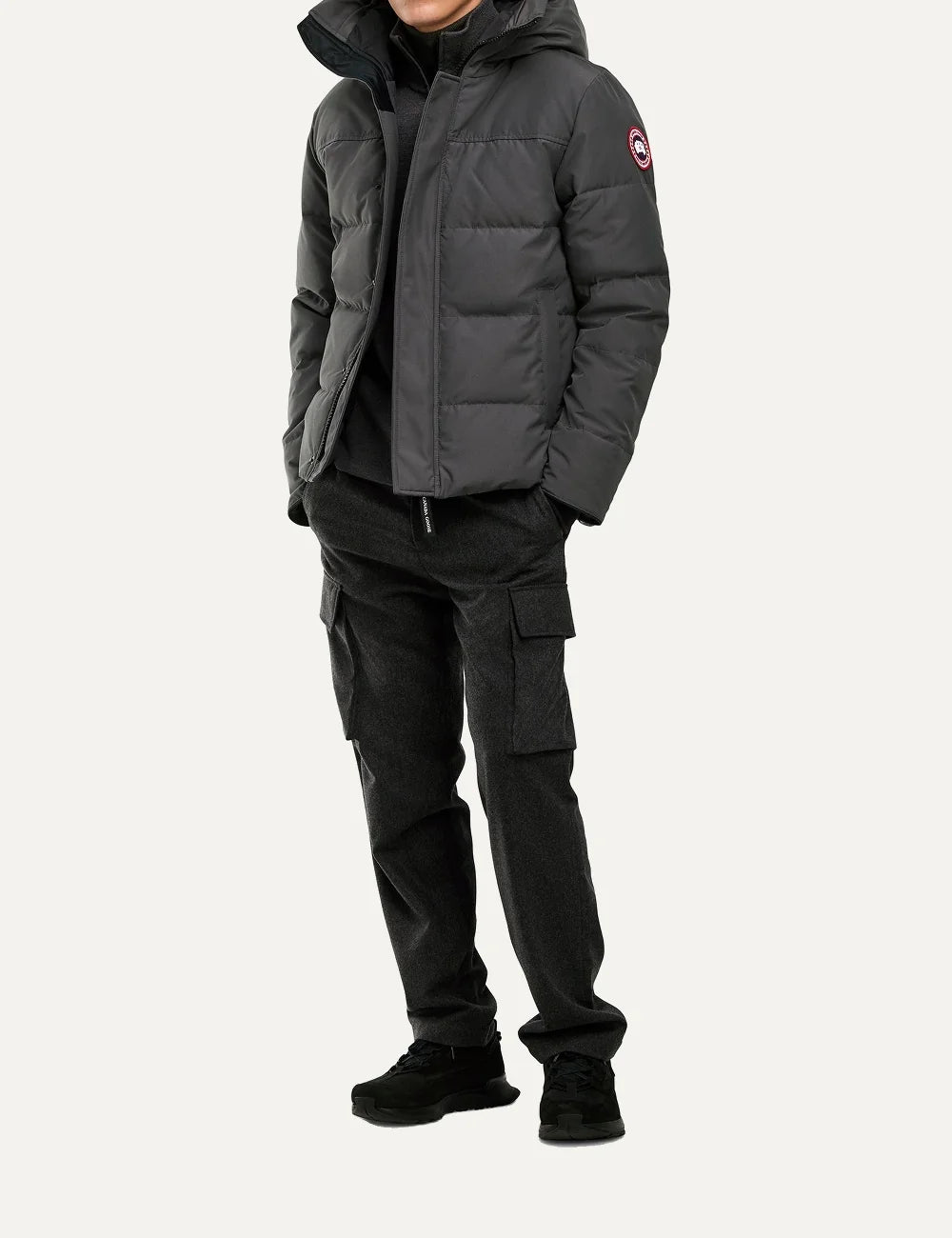 Canada Goose men's MacMillan Parka dark grey down-filled quilted jacket with adjustable hood, two-way zipper, fleece-lined pockets and logo patch full body