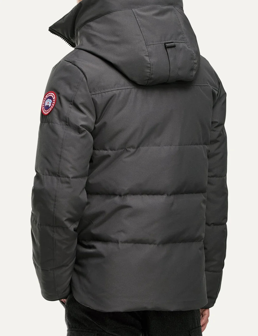 Canada Goose men's MacMillan Parka dark grey down-filled quilted jacket with adjustable hood, two-way zipper, fleece-lined pockets and logo patch back
