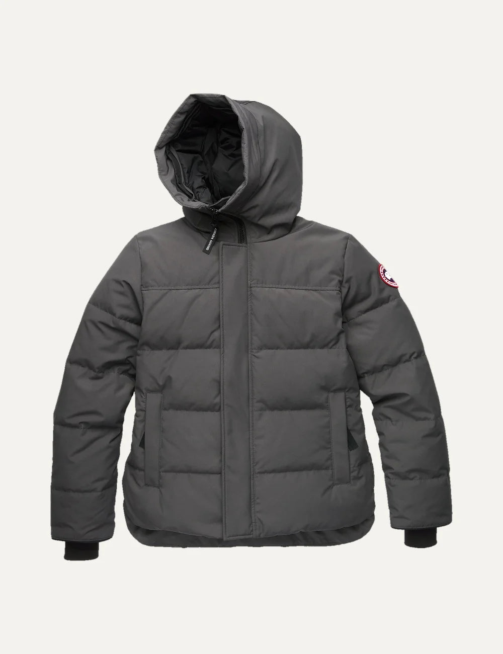Canada Goose men's MacMillan Parka dark grey down-filled quilted jacket with adjustable hood, two-way zipper, fleece-lined pockets and logo patch