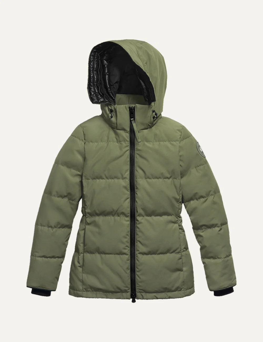 Canada Goose women's Chelsea Parka olive green quilted Arctic Tech down jacket with removable adjustable hood, two-way zipper, fleece-lined pockets and adjustable waist