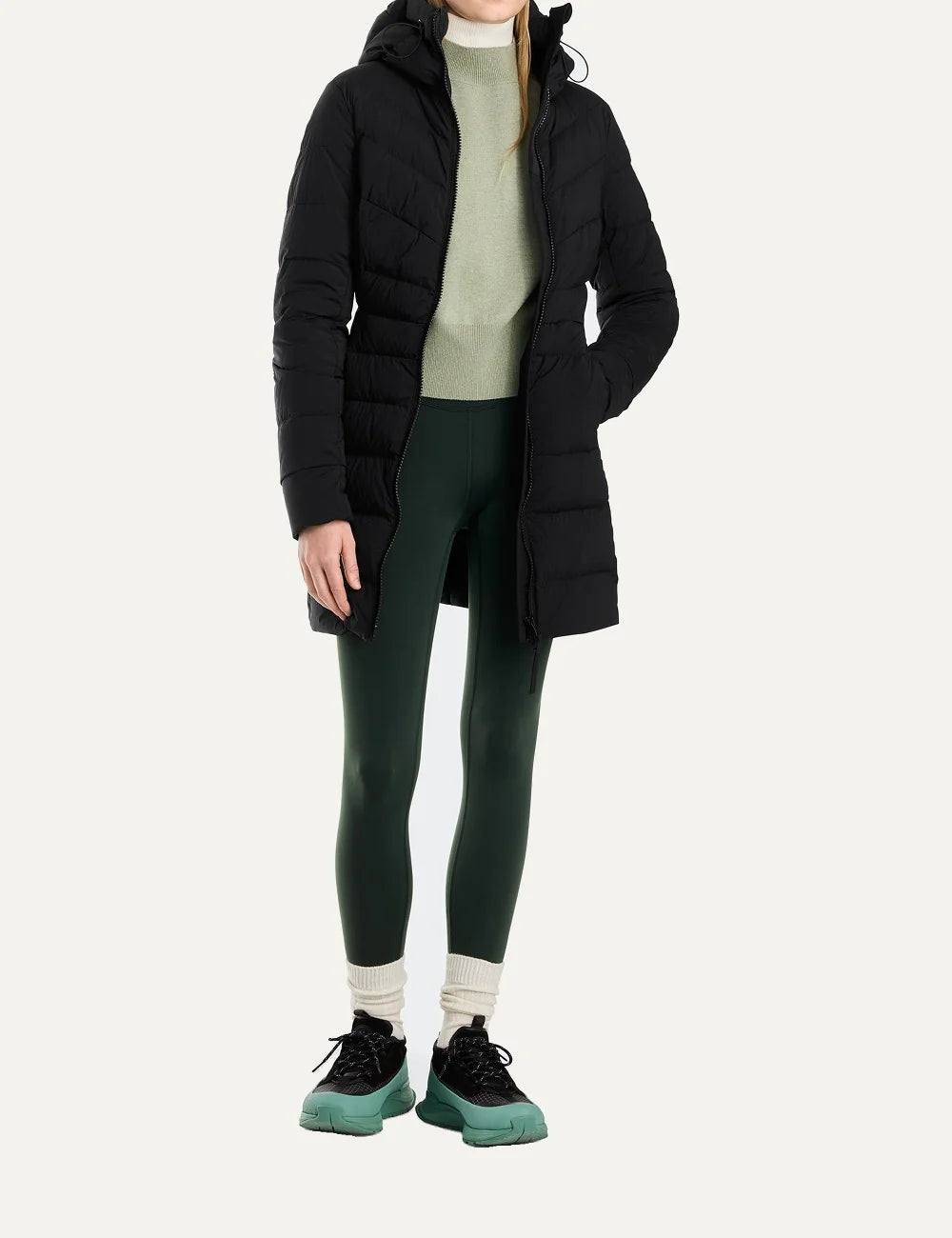 Canada Goose women's Clair Coat black quilted down coat with adjustable snorkel hood, A-line silhouette and two-way zipper full body