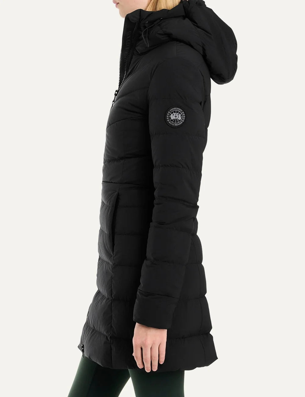 Canada Goose women's Clair Coat black quilted down coat with adjustable snorkel hood, A-line silhouette and two-way zipper side