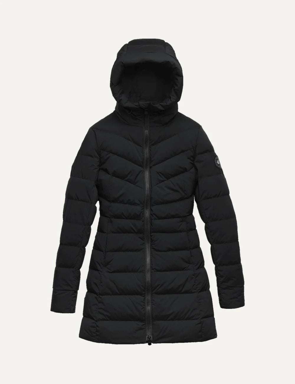 Canada Goose women's Clair Coat black quilted down coat with adjustable snorkel hood, A-line silhouette and two-way zipper
