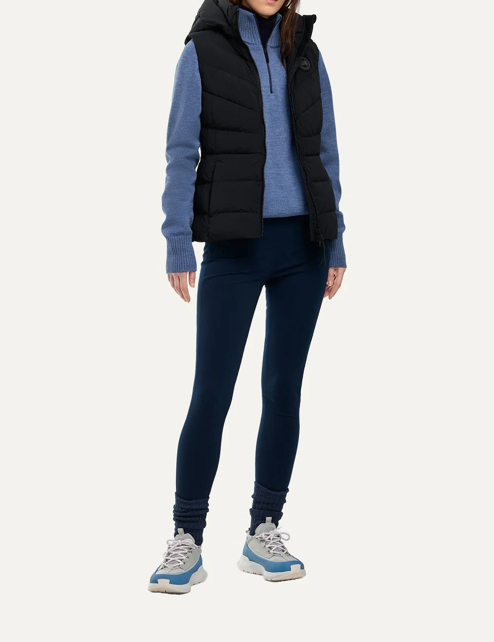 Canada Goose women's Clair Vest black quilted sleeveless jacket with removable hood, fitted silhouette and zippered pockets full body