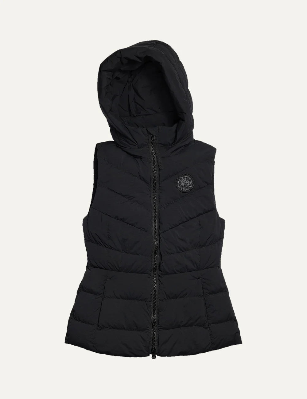 Canada Goose women's Clair Vest black quilted sleeveless jacket with removable hood, fitted silhouette and zippered pockets