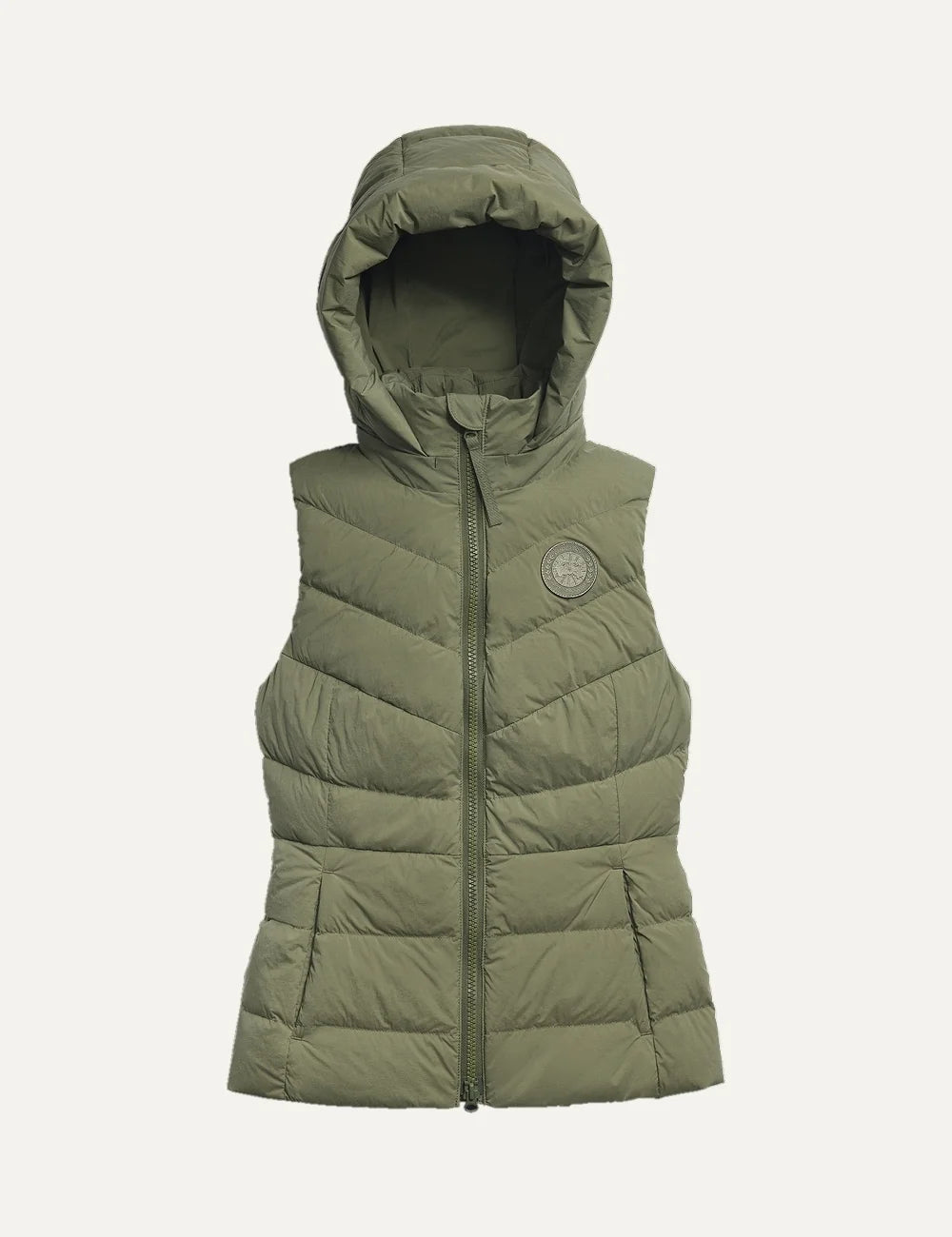 Canada Goose women's Clair Vest olive green quilted sleeveless puffer jacket with removable adjustable hood, fitted waist, two-way zipper and fleece-lined pockets