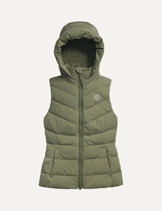 Canada Goose women's Clair Vest olive green quilted sleeveless puffer jacket with removable adjustable hood, fitted waist, two-way zipper and fleece-lined pockets