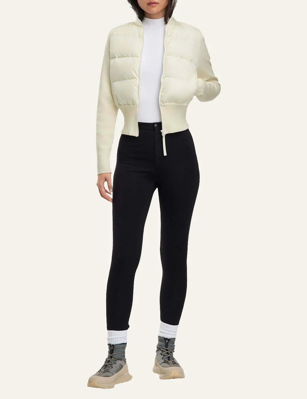 Canada Goose women's HyBridge Wide Quilt Jacket ivory cropped down-filled quilted jacket with merino wool sleeves, rib-knit collar and waist full body