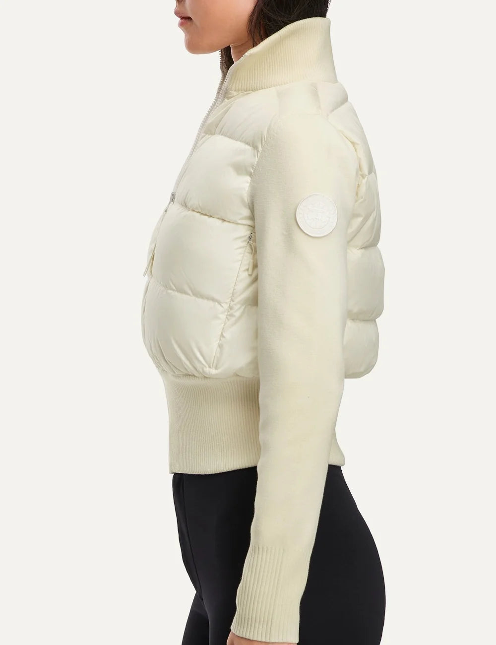 Canada Goose women's HyBridge Wide Quilt Jacket ivory cropped down-filled quilted jacket with merino wool sleeves, rib-knit collar and waist side