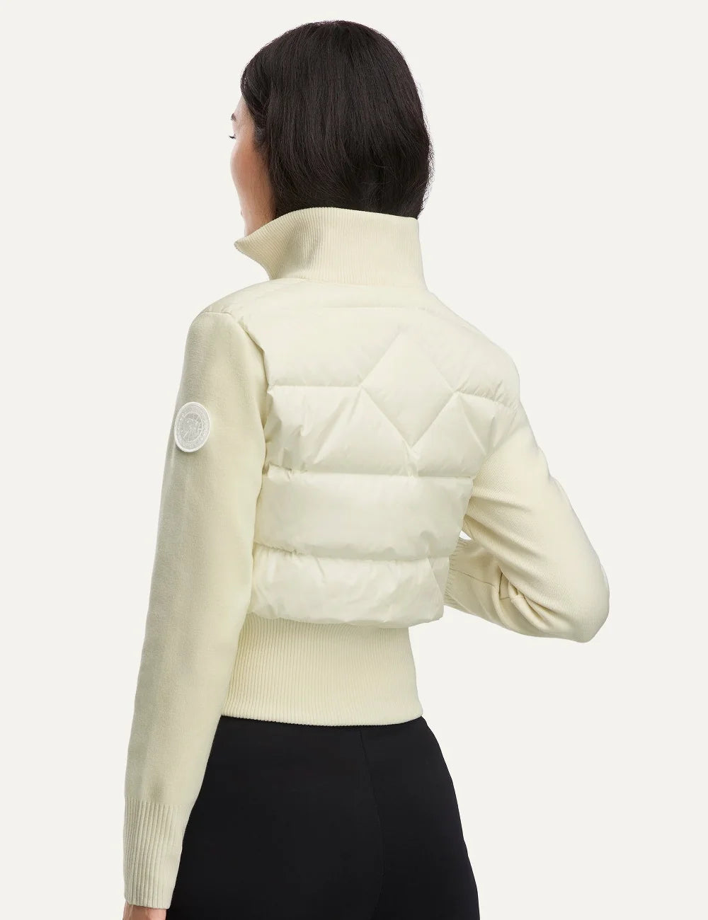 Canada Goose women's HyBridge Wide Quilt Jacket ivory cropped down-filled quilted jacket with merino wool sleeves, rib-knit collar and waist back