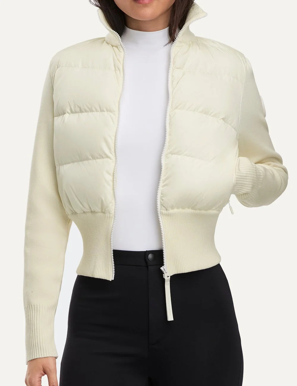 Canada Goose women's HyBridge Wide Quilt Jacket ivory cropped down-filled quilted jacket with merino wool sleeves, rib-knit collar and waist model