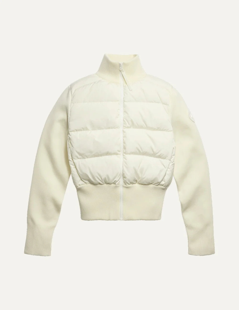 Canada Goose women's HyBridge Wide Quilt Jacket ivory cropped down-filled quilted jacket with merino wool sleeves, rib-knit collar and waist