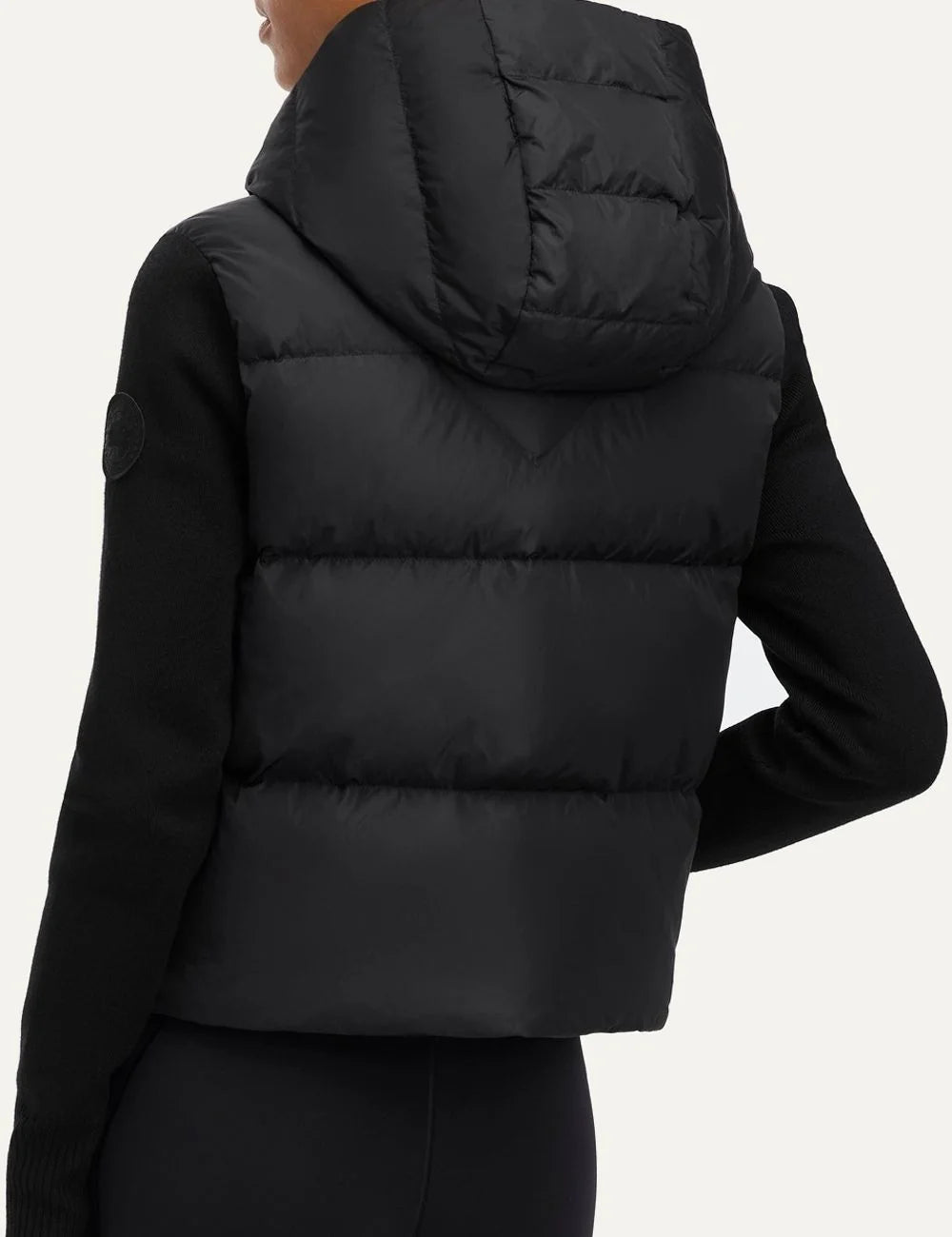 Canada Goose women's HyBridge Wide Quilt Knit Hoodie black down-filled quilted jacket with merino wool sleeves, fixed hood and two-way zipper back