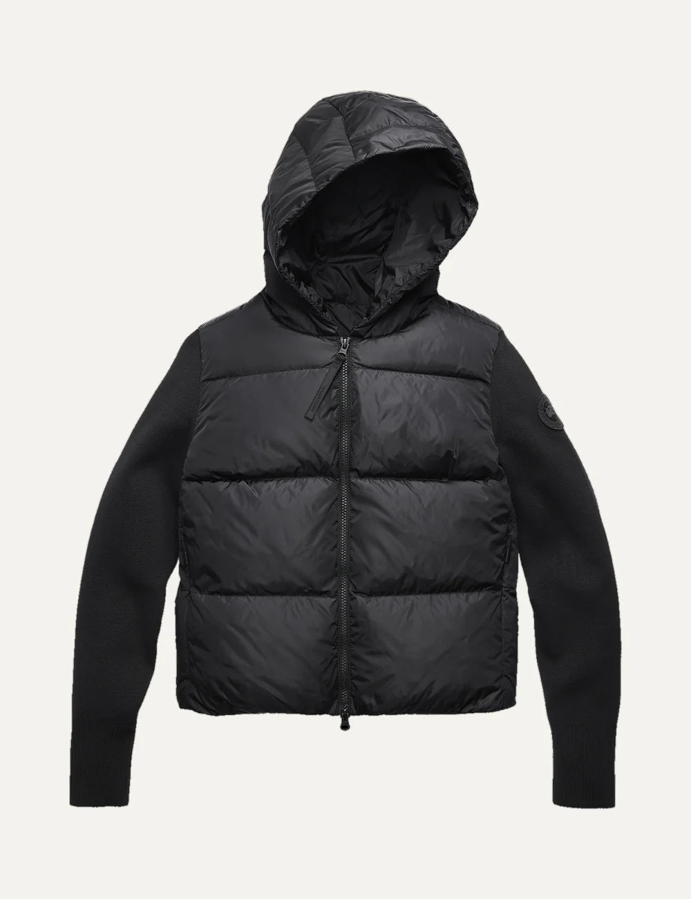 Canada Goose women's HyBridge Wide Quilt Knit Hoodie black down-filled quilted jacket with merino wool sleeves, fixed hood and two-way zipper