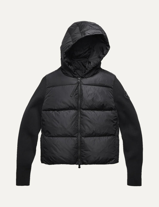 Canada Goose women's HyBridge Wide Quilt Knit Hoodie black down-filled quilted jacket with merino wool sleeves, fixed hood and two-way zipper