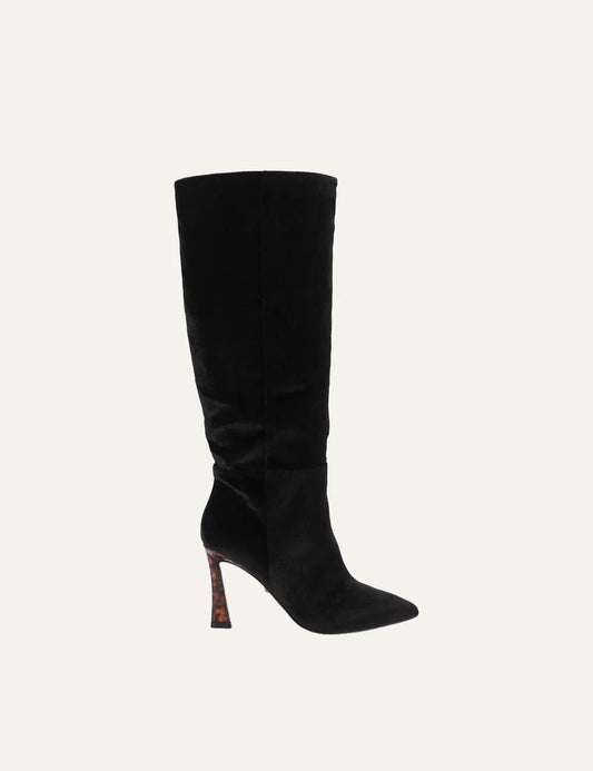Kurt Geiger women's Annabel knee-high boots in black velvet featuring a pointed toe, soft ruching at the ankle and a 9cm flared stiletto heel with tortoiseshell effect.