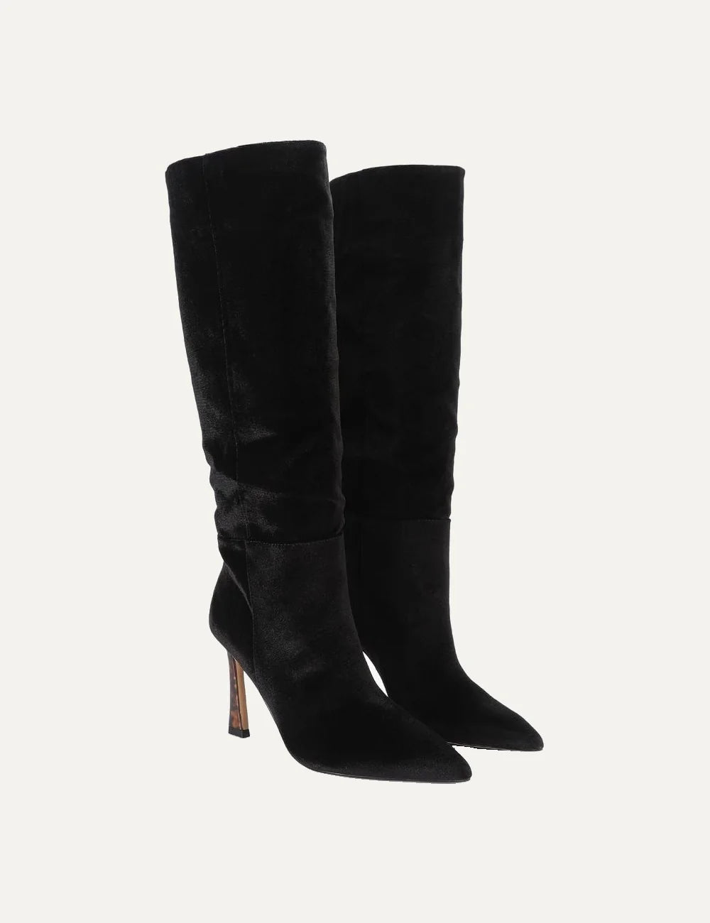 Kurt Geiger women's Annabel knee-high boots in black velvet featuring a pointed toe, soft ruching at the ankle and a 9cm flared stiletto heel with tortoiseshell effect angled
