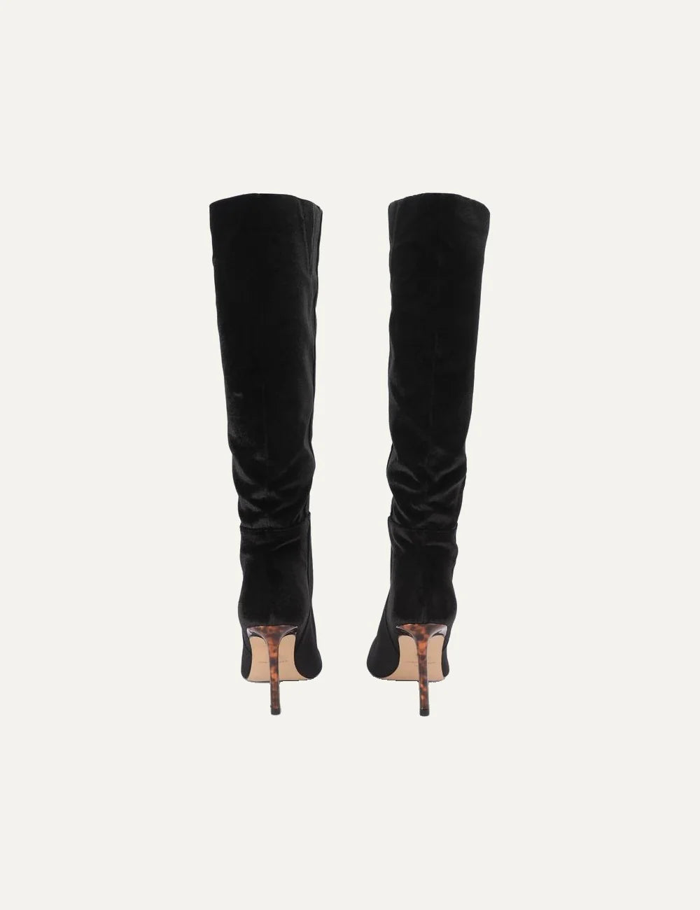 Kurt Geiger women's Annabel knee-high boots in black velvet featuring a pointed toe, soft ruching at the ankle and a 9cm flared stiletto heel with tortoiseshell effect back