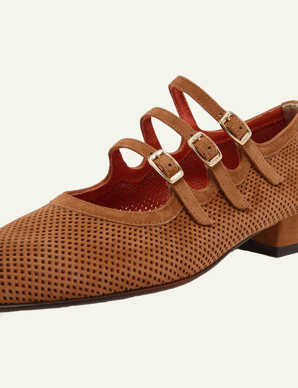 Carel Ariana suede Mary Jane tan perforated leather triple strap side detail view