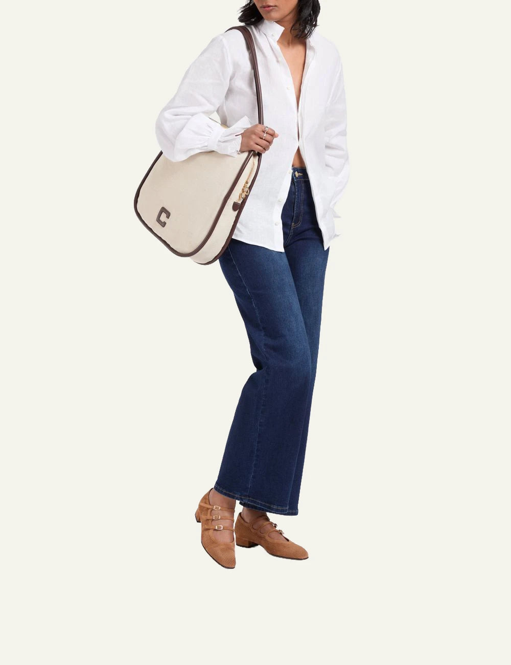 Carel Ariana suede Mary Jane tan perforated leather triple strap side model view