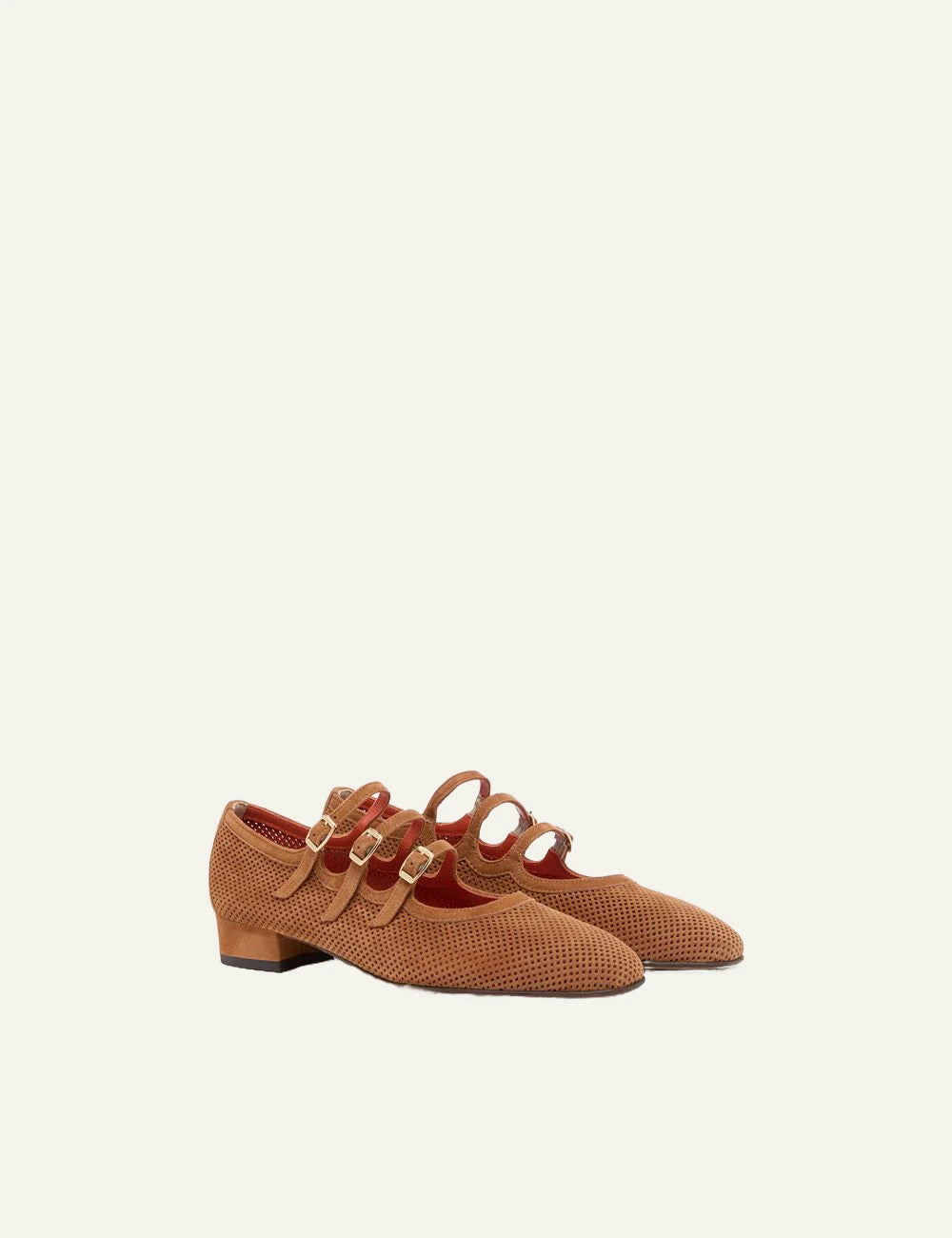 Carel Ariana suede Mary Jane tan perforated leather triple strap profile view
