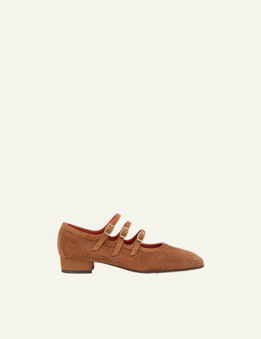 Carel Ariana suede Mary Jane tan perforated leather triple strap side view