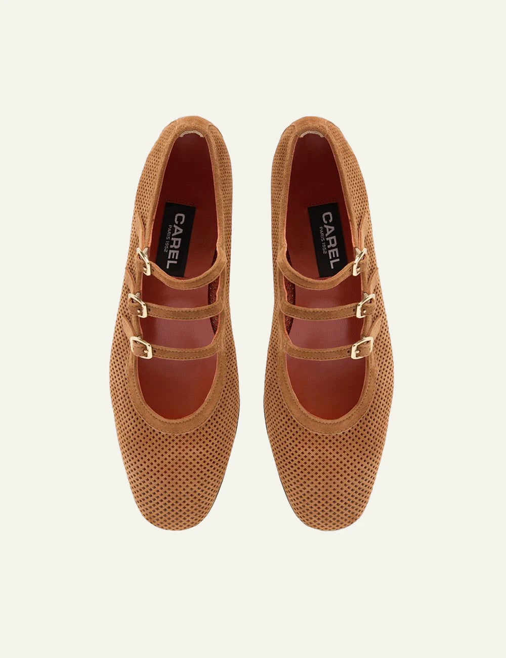 Carel Ariana suede Mary Jane tan perforated leather triple strap top view