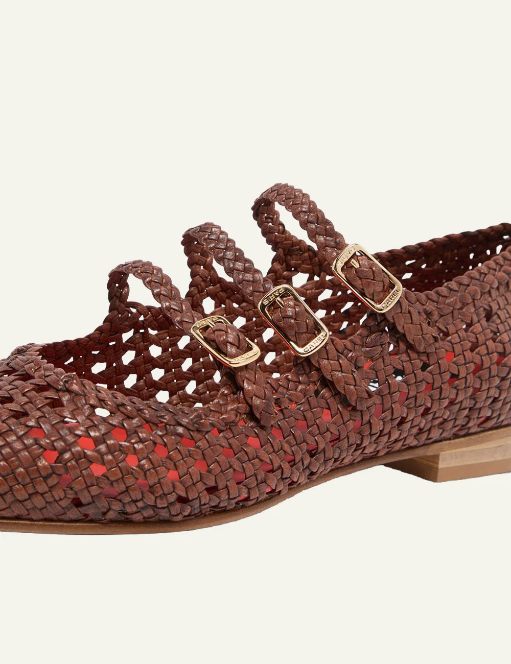 Carel Ariana woven leather Mary Jane cognac triple strap side detail view