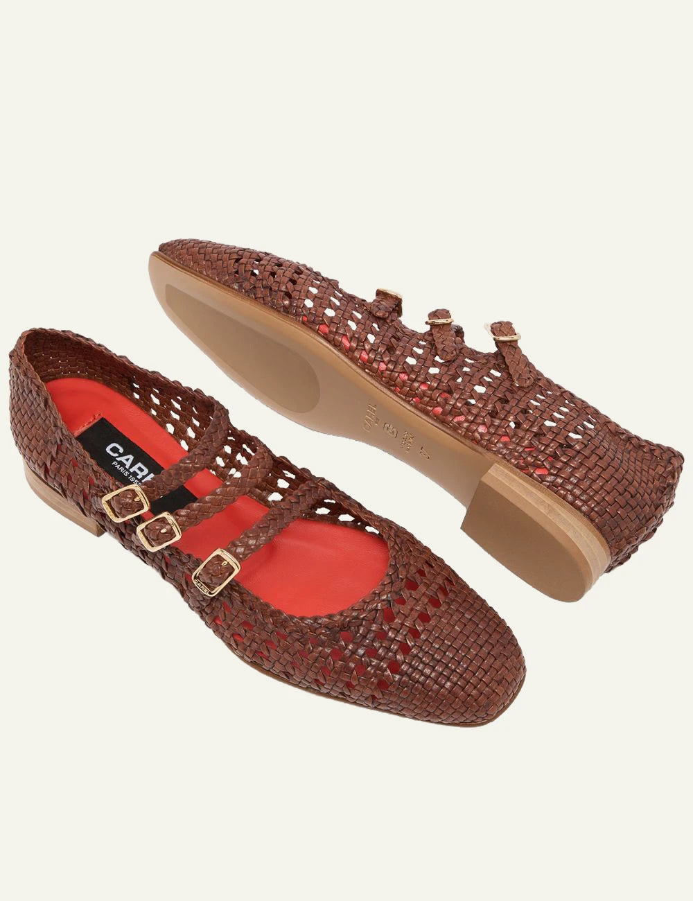 Carel Ariana woven leather Mary Jane cognac triple strap sole view