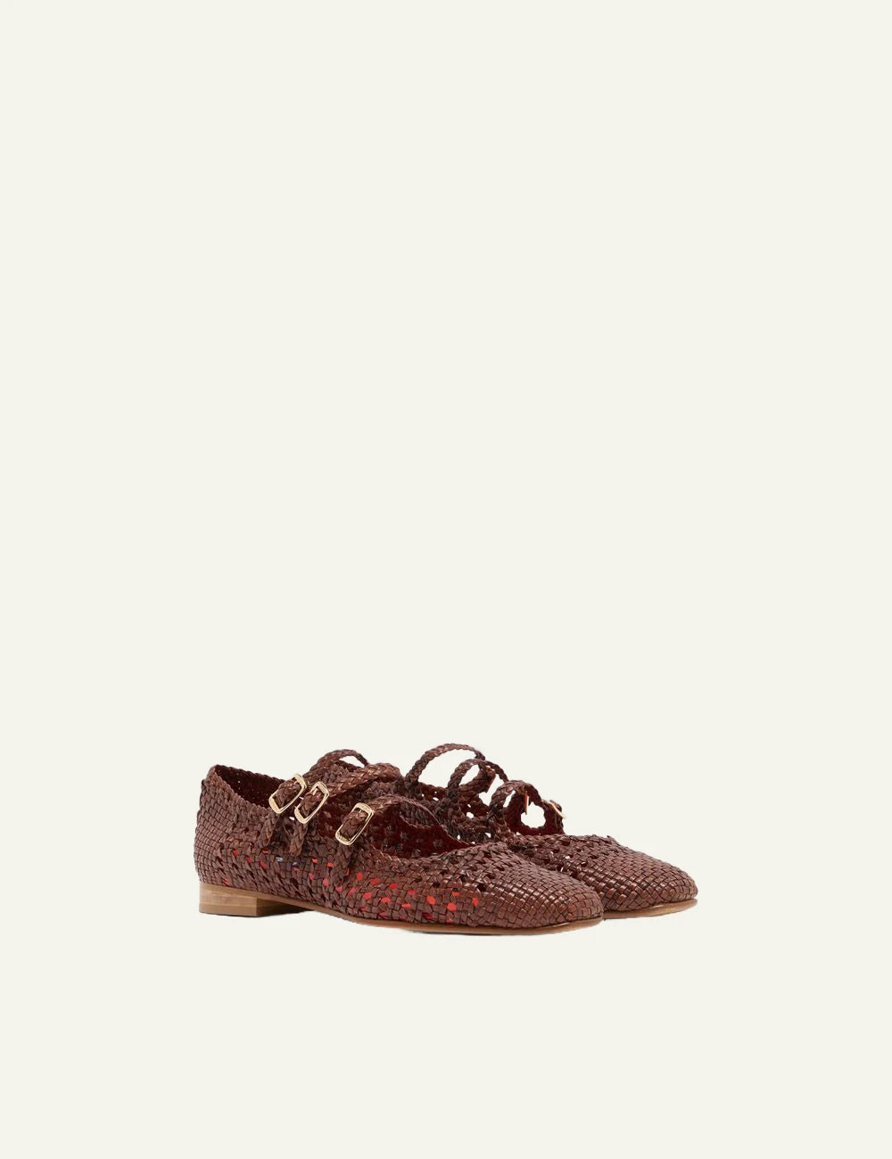 Carel Ariana woven leather Mary Jane cognac triple strap profile view