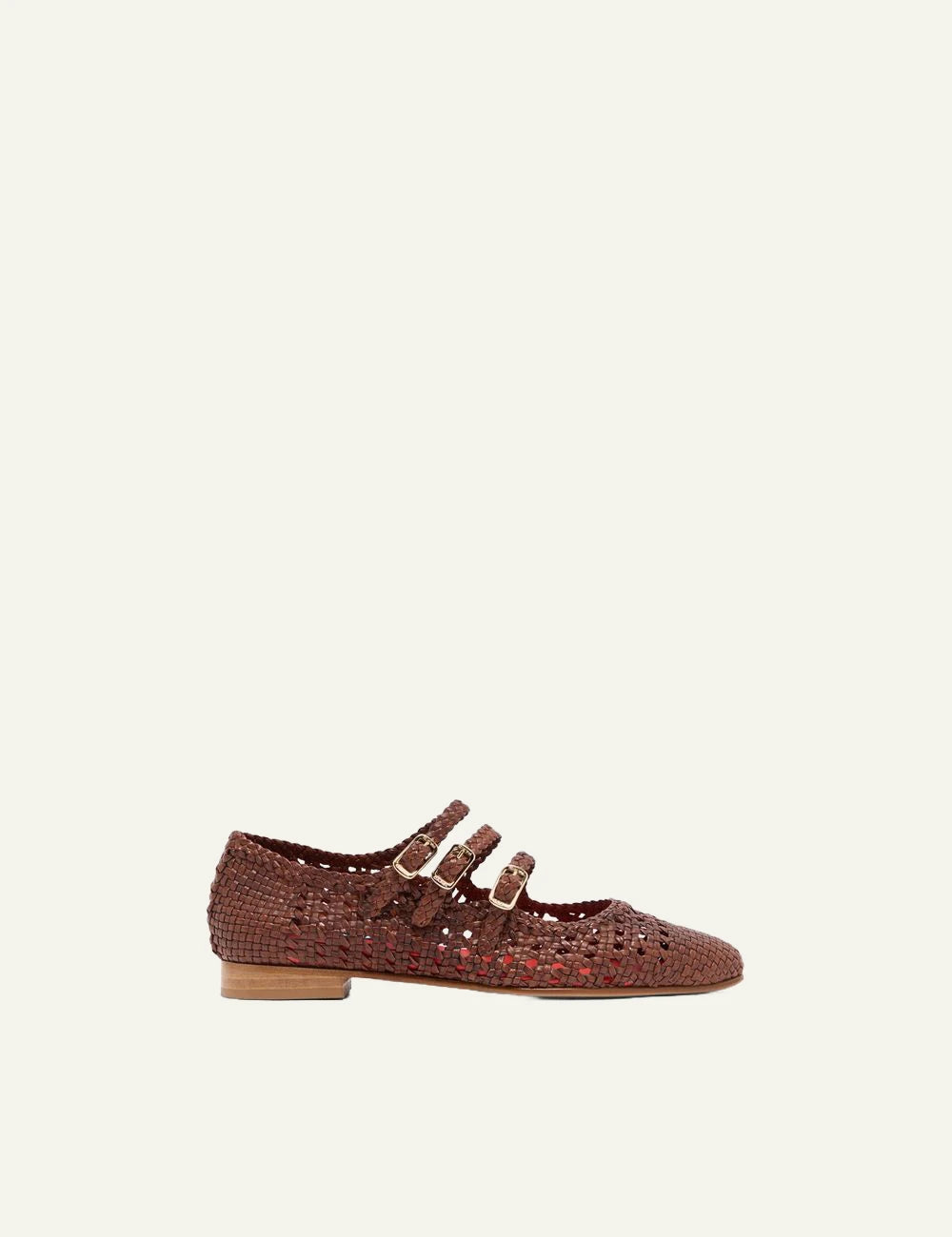 Carel Ariana woven leather Mary Jane cognac triple strap side view