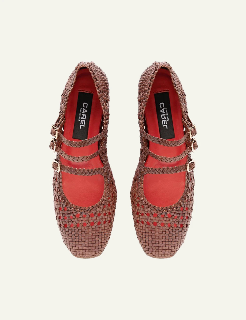 Carel Ariana woven leather Mary Jane cognac triple strap top view