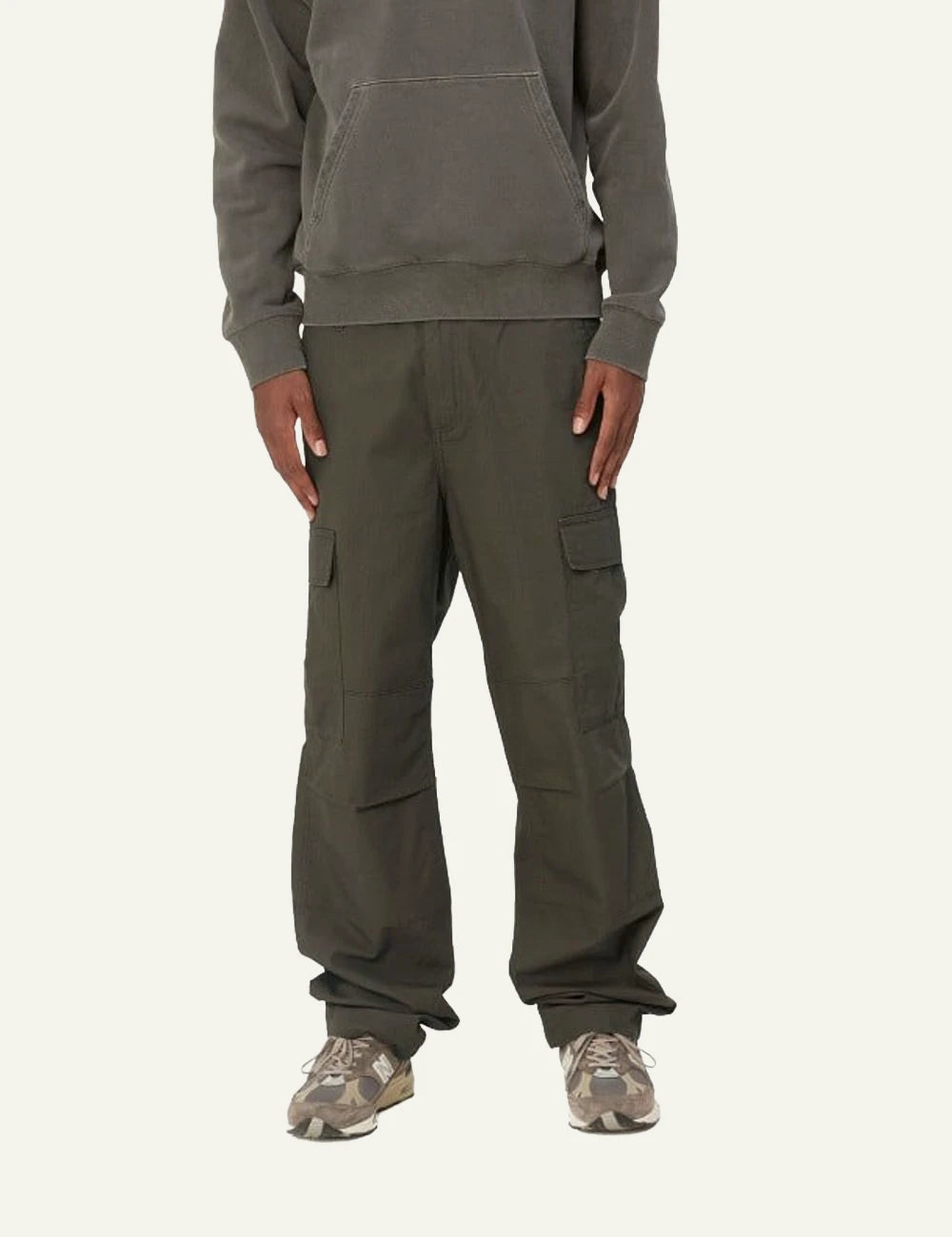 Men's Carhartt WIP Regular Cargo Pant in khaki cotton ripstop with cargo pockets front