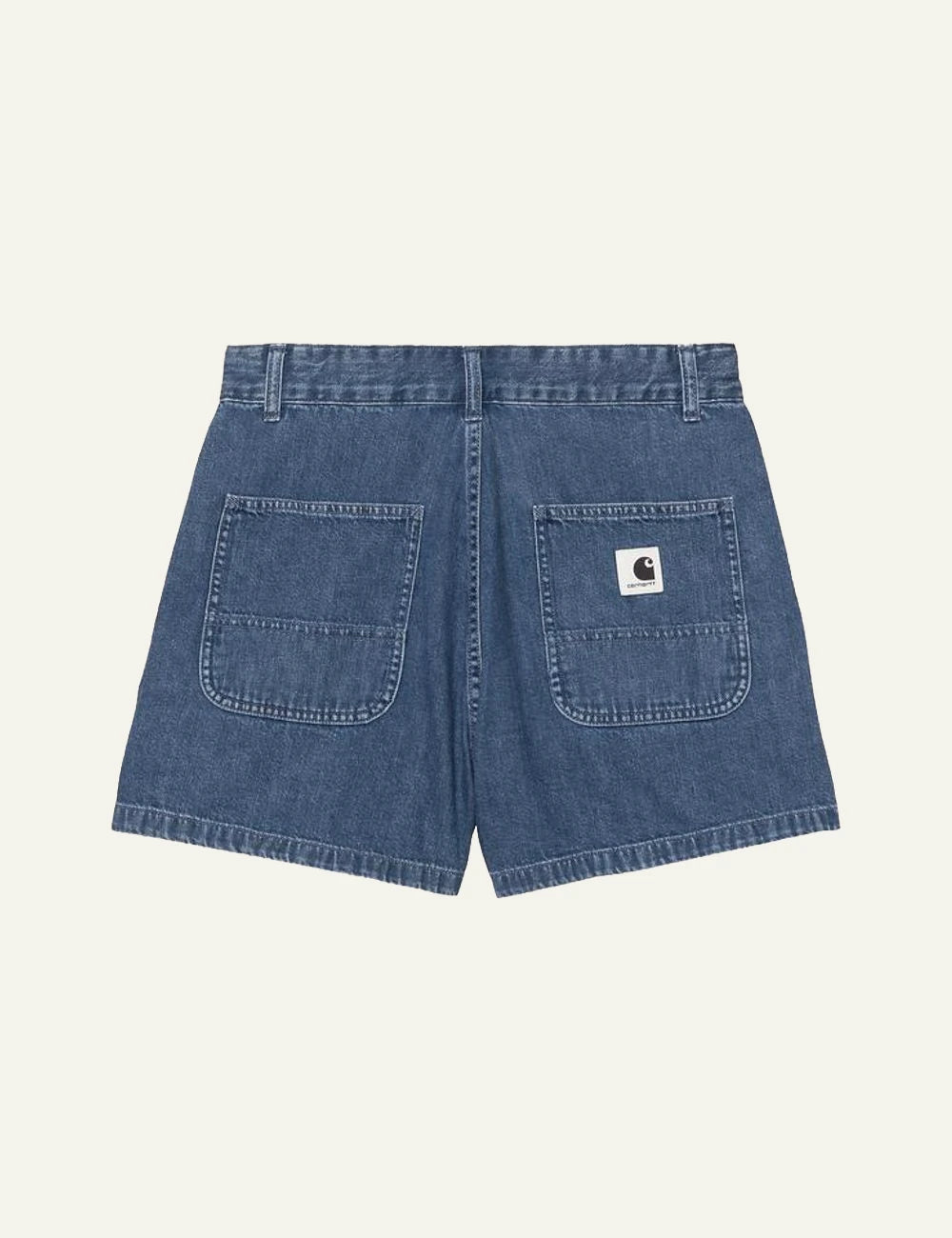 Carhartt denim shorts in blue with button closure back flat view