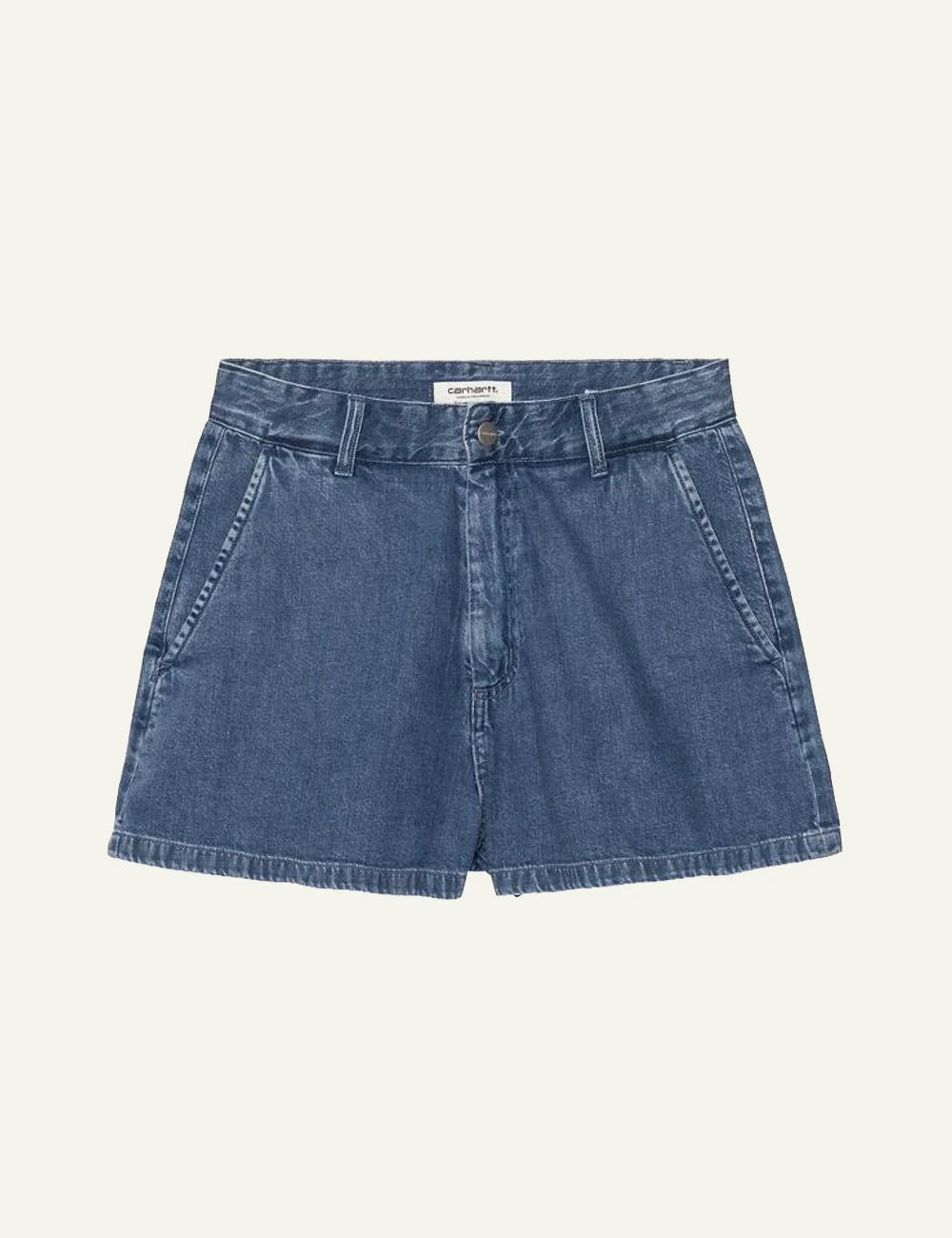 Carhartt denim shorts in blue with button closure front flat view