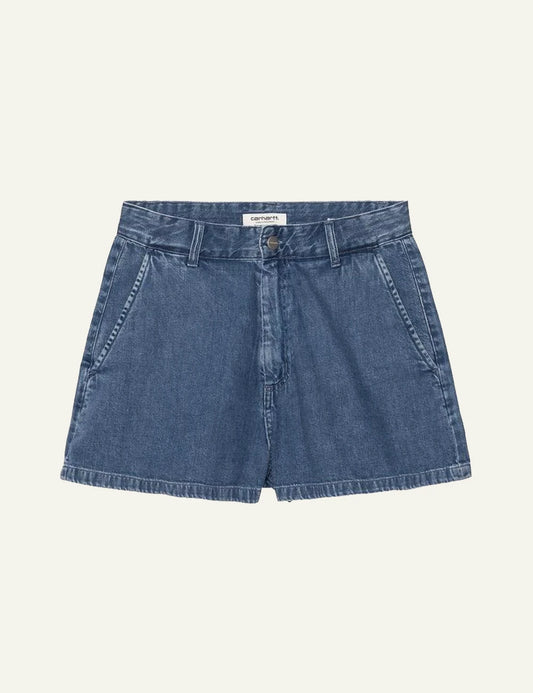 Carhartt denim shorts in blue with button closure front flat view