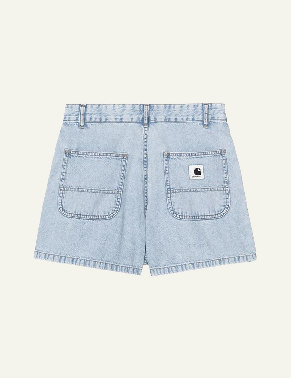 Carhartt light blue denim shorts with button closure back flat view