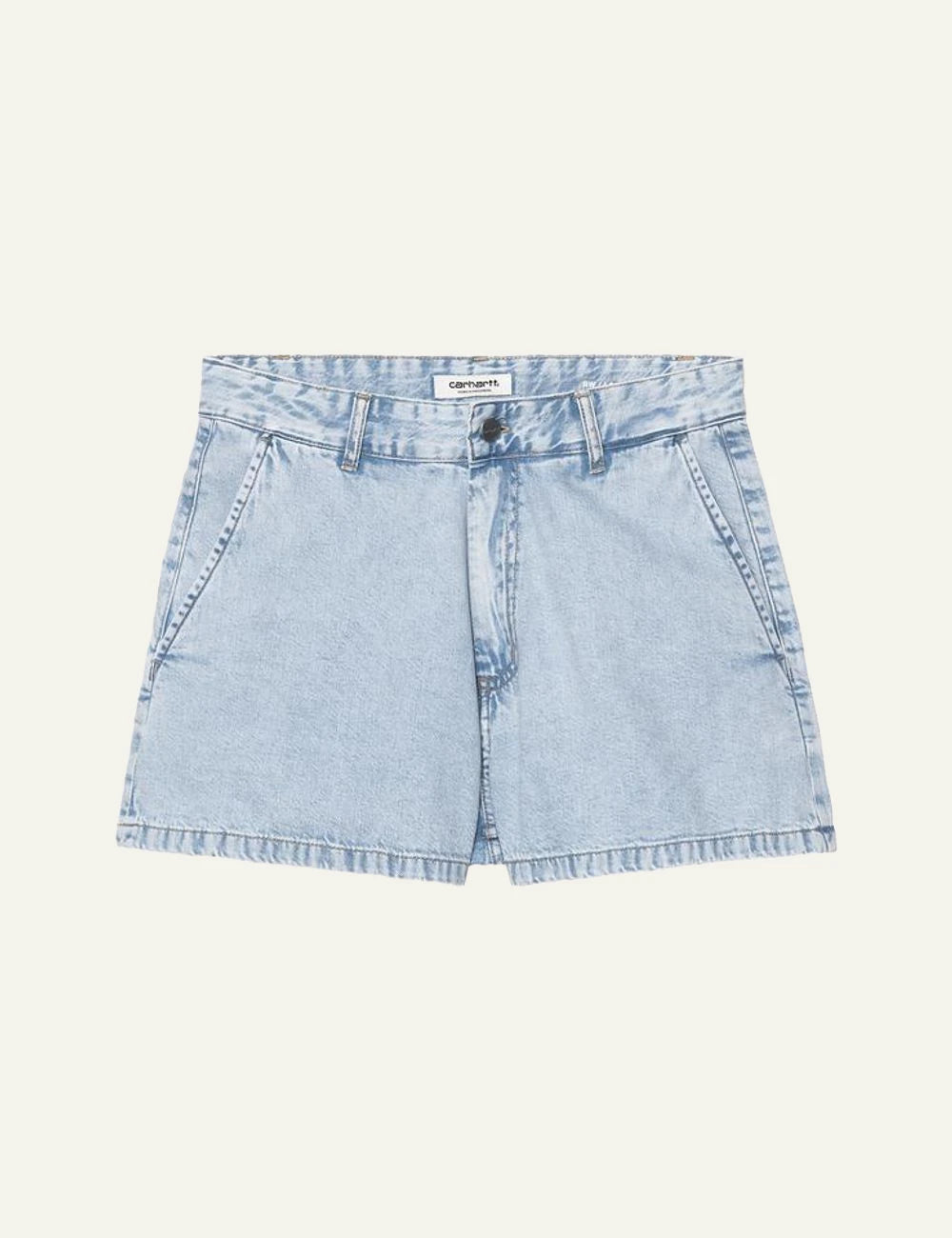 Carhartt light blue denim shorts with button closure front flat view
