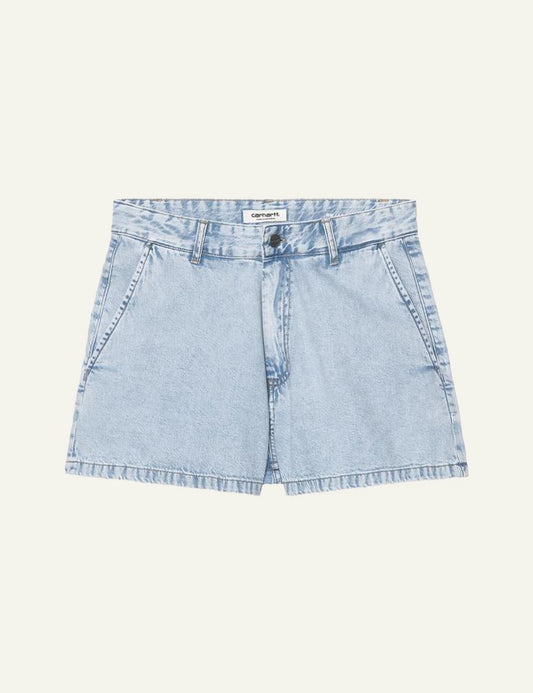 Carhartt light blue denim shorts with button closure front flat view