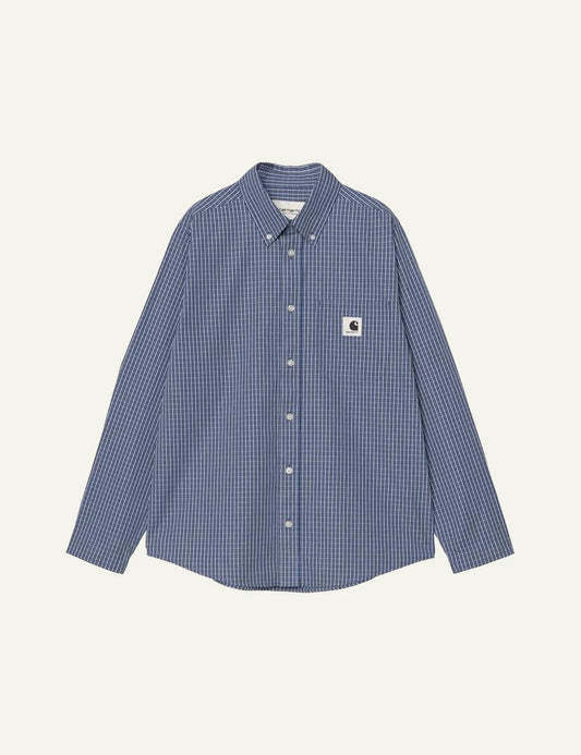 Carhartt long sleeve check shirt in blue with chest logo front flat view