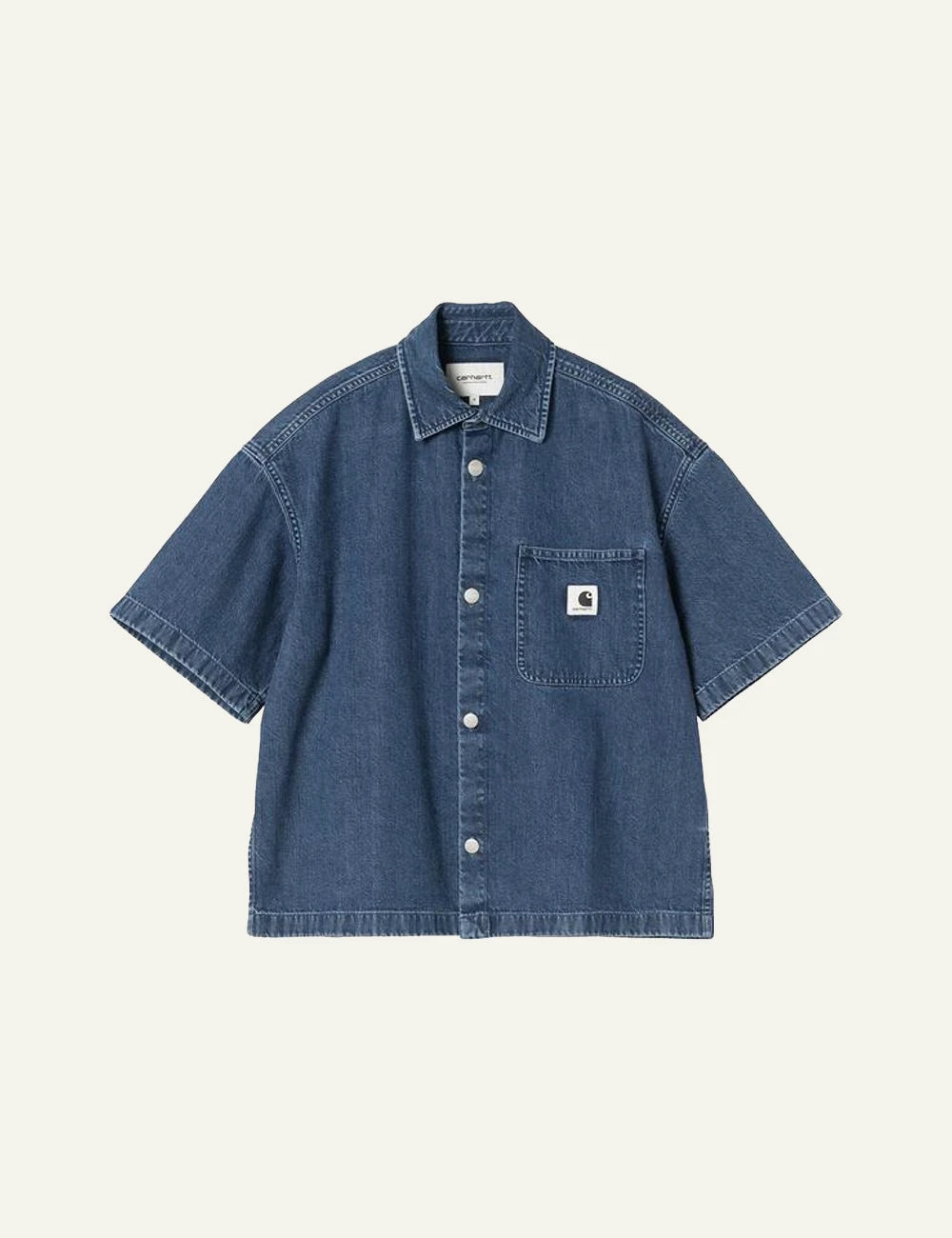 Carhartt short sleeve denim shirt in blue with chest pocket front flat view