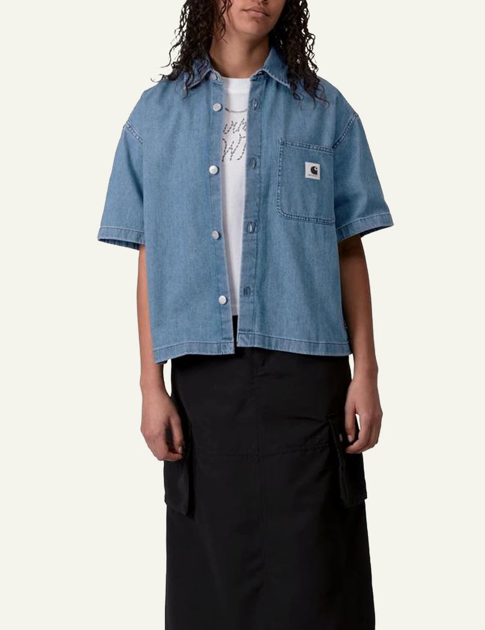 Carhartt short sleeve denim shirt in blue with chest pocket front model view