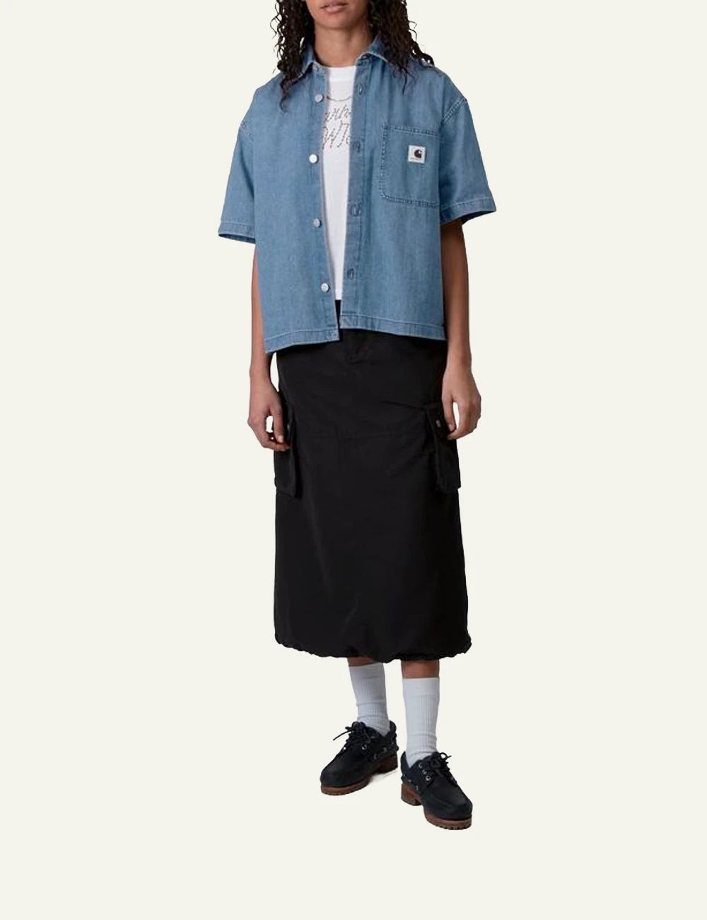 Carhartt short sleeve denim shirt in blue with chest pocket full body view